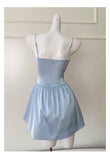 Niulatu A line Spaghetti Straps Satin Blue Short Grad Dress Inspo Short Mini Formal 8th Grade Homecoming Dresses High School Hoco Court Dress Graduation Dress 18th Birthday Outfits HZ1214