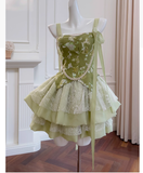 Niulatu Ball Gown Spaghetti Straps Green Satin Grad Dress Inspo Short Mini Formal 8th Grade Homecoming Dresses High School Hoco Court Dress Graduation Dress Cocktail Outfits HZ1214