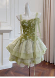 Niulatu Ball Gown Spaghetti Straps Green Satin Grad Dress Inspo Short Mini Formal 8th Grade Homecoming Dresses High School Hoco Court Dress Graduation Dress Cocktail Outfits HZ1214