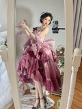 Niulatu Ball Gown Spaghetti Straps Chiffon Summer 18th Birthday Dress High Low Ombre Pink Lolita Dress 18th Birthday Outfits HZ1214