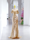 Modest Mermaid Off The Shoulder Gold Sequin Long Evening Party Gowns Evening Dress Special Formal Dresses Prom Dress HZ1121