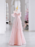 Modest A line Off The Shoulder Pink Tulle Long Evening Party Gowns Evening Dress Special Formal Dresses Prom Dress HZ1121