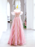Cute A line Off The Shoulder Sequin Pink Tulle Long Evening Party Gowns Evening Dress Special Formal Dresses Prom Dress HZ1121