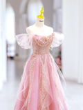 Cute A line Off The Shoulder Sequin Pink Tulle Long Evening Party Gowns Evening Dress Special Formal Dresses Prom Dress HZ1121