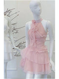 Pretty A Line High Neck Sleeveless Pink Chiffon Short Mini Formal 8th Grade Homecoming Dresses Summer Middle School Hoco Dress Homecoming Outfits HZ1214