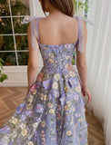 Elegant A-Line Corsets Dress Wedding Guest Summer Tea Length Sleeveless Prom Dress Scoop Neck Bridesmaid Dress Tulle with Appliques HZ1214