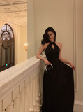 Sexy A line Halter Black Satin 21st Birthday Dress Party Gown Birthday Outfits Birthday Dress Ideas For Women HZ1214