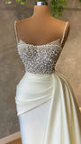 Elegant Ivory Pearls Mermaid Bridal Gown Spaghetti-Straps Beautiful Wedding Dress Brides Dress HZ1214