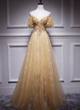Niulatu Champagne Lace Straps Sweetheart Long Party Dress, A-line Floor Length Prom Dress HZ0113