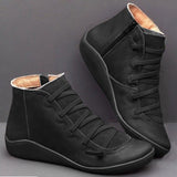 Niulatu Women's Casual Flat Leather Retro Lace-up Boots Side Zipper Round Toe Shoe Leather Ankle Boots Zapatos Mujer Wram Botas DJSE