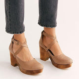 Niulatu Women Pumps Brown Punk Chunky Platform Mary Jane Shoes High Heels Cross-tied Pu Round Toe Buckle Plus Size Goth Shoes DJSE