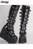 Niulatu 43 Design Platform Thick Heel Mid Calf Boots Women Punk Cool Gothic Black Buckle Shoes Woman High Boots Women's Boots DJSE