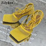 Niulatu Sexy Green Mesh Pumps Sandals Female Square Toe high heel Lace Up Cross-tied Stiletto hollow Dress shoes size DJSE