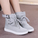 Niulatu autumn round head high-top belt buckle decoration front lace-up canvas shoes breathable women's shoes 2025 DJSE