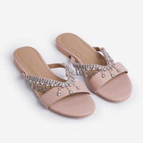 Niulatu Women Sandals Fashion Diamond Summer Shoes Woman Flat Pearl Comfortable String Bead Casual Flip Flops Outdoor White Sandals DJSE