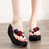 Niulatu CM High Heel Women Wedge Non-Slip Outdoor Slipper Summer Beach Shoes Female Floral Flip-Flop Bohemian String Bead Lady Sandals DJSE