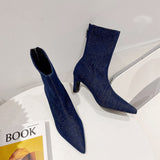 Niulatu Women Ankle Boots Pointed Toe Sock Botas Thick High Heels Black/Blue Denim Stretch Shoes Back Zipper Winter Autumn Botas DJSE