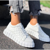Niulatu Women Autumn Pu Leather Sneakers Sewing Lace-Up Platform Flats Vulcanized Shoes Thick Sole Brief Casual White Black Canvas Shoes DJSE