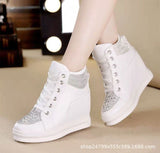 Niulatu Shoes For Women Big Size 43 Leather Casual Shoes White Black Rhinestones High Top Sneakers Women Vulcanized Lace Up DJSE