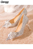 Niulatu High Heels Pumps Women 2025 New Slip On Shiny Sequins Wedding Shoes Woman Crystal Bowtie Stiletto Heeled Party Shoes DJSE