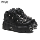 Niulatu Women's New Rock Shoes Gothic Chunky Platform Ankle Boots Punk Style Heels Height 6CM Sneakers Lace-up PU Metal Decor DJSE