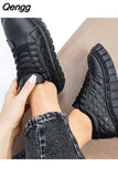 Niulatu Women Autumn Pu Leather Sneakers Sewing Lace-Up Platform Flats Vulcanized Shoes Thick Sole Brief Casual White Black Canvas Shoes DJSE