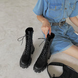 Niulatu Women Motorcycle Boots Wedges Flat Shoes Woman High Heel Platform PU Leather Boots Lace Up Women Shoes Black Boots Girls DJSE