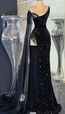 Niulatu Black Sequins Evening Dress Beaded Tassel Slit Long Prom Dress HZ1007