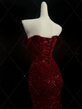 Niulatu Mermaid Sweetheart Red Slit Sequin Long Evening Gowns Prom Dress SD2766