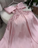 Niulatu Pink off The Shoulder Appliques Sequins Evening Dress Long A Line Prom Dress HZ1007