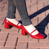 Niulatu Women Shoes High Heels Mary Janes Shoes Patent Leather Thick Heel Pumps Buckle Square Toe Female Footwear White DJSE