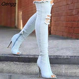 Niulatu Women High Heels thigh high boots Female Shoes Hot Over The Knee Boots Peep Toe Cowboy Boots Denim shoes 785 DJSE