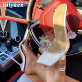 Niulatu PVC Transparent Crystal Sun Flowers Buckle Womens Slippers Summer Square Toe Ladies Strange High Heels Sandals Shoes DJSE