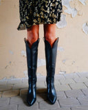 Niulatu Women Black Western Boots Wedge Heels Knee High Boots Shoes Fashion Slip On Pointed Toe Cowgirl Boots DJSE