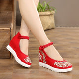Niulatu Women Red Summer Footwear Ankle Strap Spring Autumn Pumps China Beijing Embroiders Wedges Heels 2025 Buckle Cloth Shoes DJSE