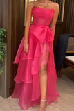 Niulatu Pink Strapless Long Prom Dress Tiered Evening Gown With Slit HZ1007