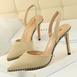 Niulatu Shoes Rivet High Heels Woman Pumps Pu Leather Women Heels 9cm Sexy Party Shoes Black Red Apricot Wedding Shoes Female DJSE