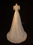Niulatu White Satin A-line Wedding Party Dress Long Prom Dress Evening Gown HZ1007