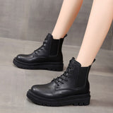 Niulatu Chunky Chelsea Boots Women Autumn Winter PU Leather Woman Shoes Lace Up Combat Botas Thick Heels Ankle Booties DJSE