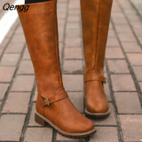 Niulatu Women's Knee High Boots Fashion Low Heels Square Platform Long Boots Brown Black Leather PU Zip Winter Woman Warm Shoes Booties DJSE
