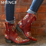 Niulatu women fashion boots spring Low Heel Women Shoes Cool British embroidered Design Soft Short Boots Party Knee High Boots pink DJSE