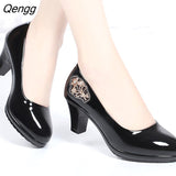Niulatu Women Cute European Stylish Round Toe Black Pu Leather Square Heel Pumps Lady Casual Wine Red Comfort Summer Heel Shoes DJSE
