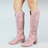 Niulatu Embroidery Mid Calf Boots Women Pink Cowboy Cowgirls Casual Western Boots Chunky Pointed Toe Shoes Woman Wholesale DJSE
