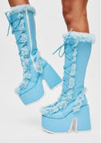 Niulatu Fur High Platform Boots High Chunky Heel Round Toe Mid Calf Boots Elegant Women Casual Outfit Winter Cross Tied Shoes DJSE