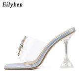 Niulatu PVC Transparent Crystal Sun Flowers Buckle Womens Slippers Summer Square Toe Ladies Strange High Heels Sandals Shoes DJSE