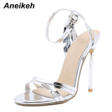Niulatu Women Shoes Fashion Open Toe Solid PU Sexy Thin High Heel Ankle Buckle Strap Sandalias Mujer 2025 Gold Sliver DJSE