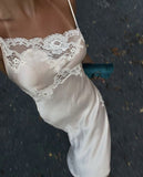 Niulatu A Line Spaghetti Strap Lace Satin Party Dress Wedding Guest Dress with Slit HZ0113