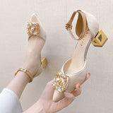 Niulatu Heels Pumps Women Elegant Pearl Buckle Square Heels Wedding Party Shoes Ladies Pointed Toe Ankle Strap Work Shoes DJSE