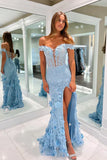 Pretty Light Pink Off the Shoulder Lace Appliques Mermaid Long Prom Dresses Graduation Dress HZ1214
