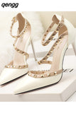 Niulatu with Thin 10CM Heel High Heel Shallow Pointed Head Rivet Hollow Word Belt PUMPS Simple Women's Shoes DJSE